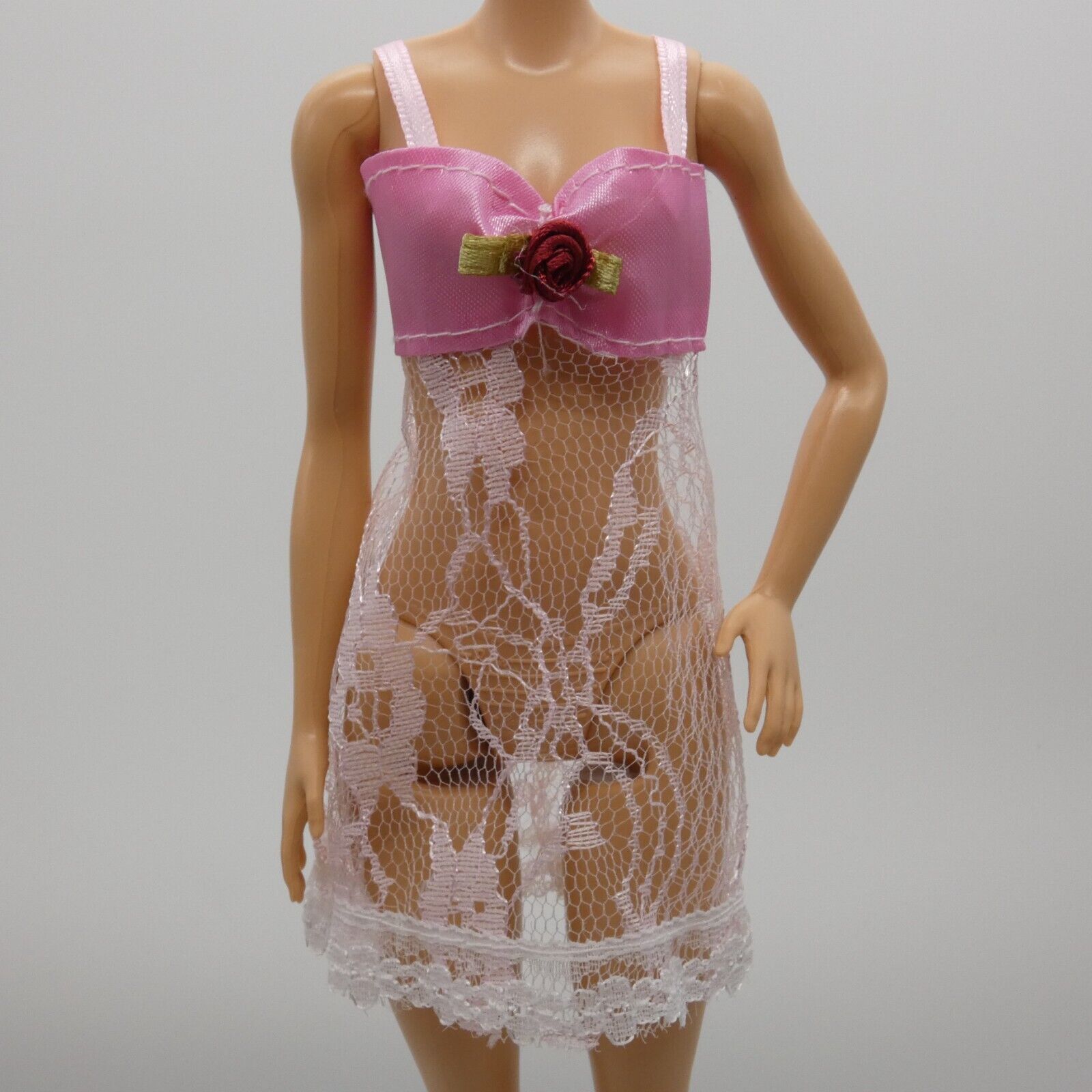 Barbie Doll Size Pink Lace Nightgown Nighty Red Rose