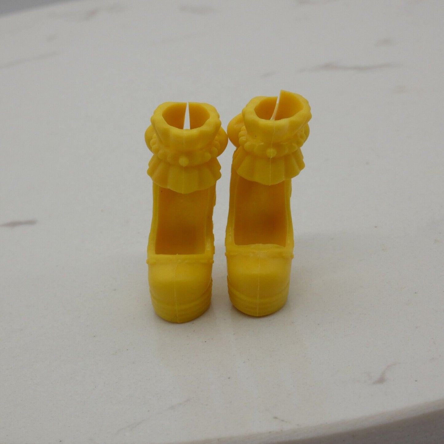 Barbie Doll Size Shoes High Heel Yellow Ruffle Ankle Strap Round Closed Toe