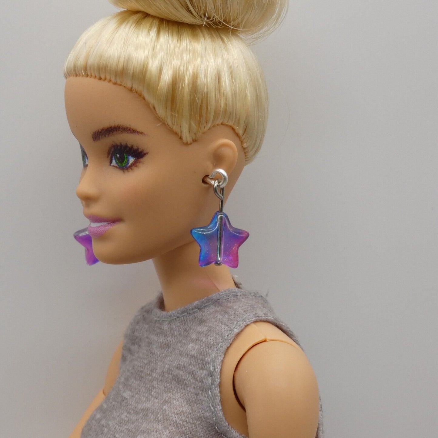 Barbie Doll Size Dangle Earrings Blue Aurora Borealis Stars Silver Handmade OOAK