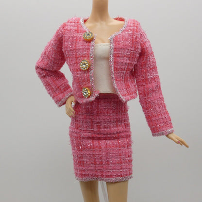 Barbie Doll Size Pink Tweed Suit Jacket Skirt Tube Top Fits Model Muse Xian Xian