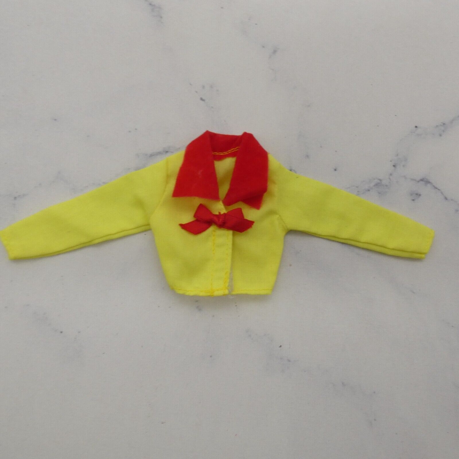 Barbie Doll Size Jacket Top Yellow Long Sleeve Red Wide Felt Collar Ribbon Bow