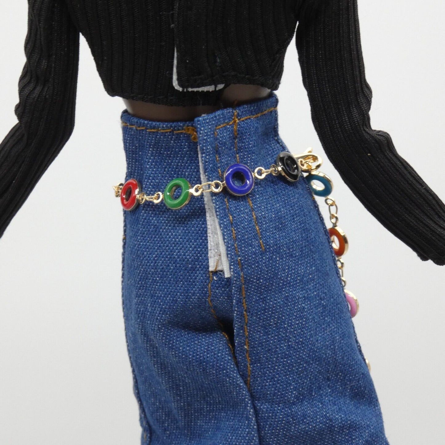 Barbie Doll Size Belt Multi Color Beaded Silver Chain Handmade Adjustable