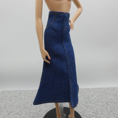 Barbie Doll Size Long Skirt Blue Jean Maxi A Line Slit High Waist Fit Model Muse