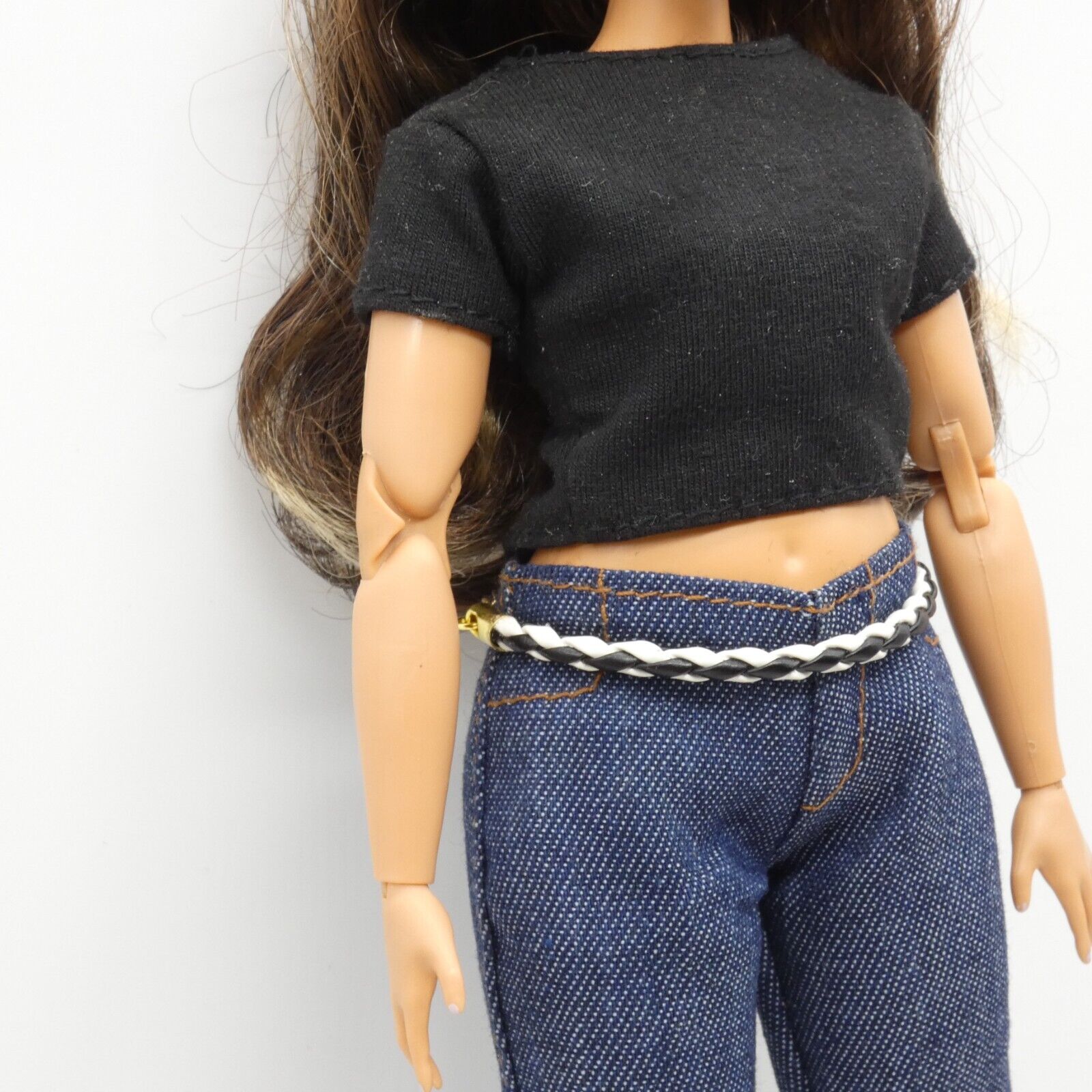 Barbie Doll Size Belt Black White Braided Leather Gold Chain Adjustable Handmade