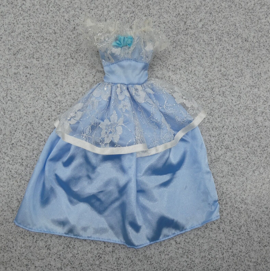 Barbie Doll Size Dress Blue Full Length Gown Satin Like Tulle Accents Clone