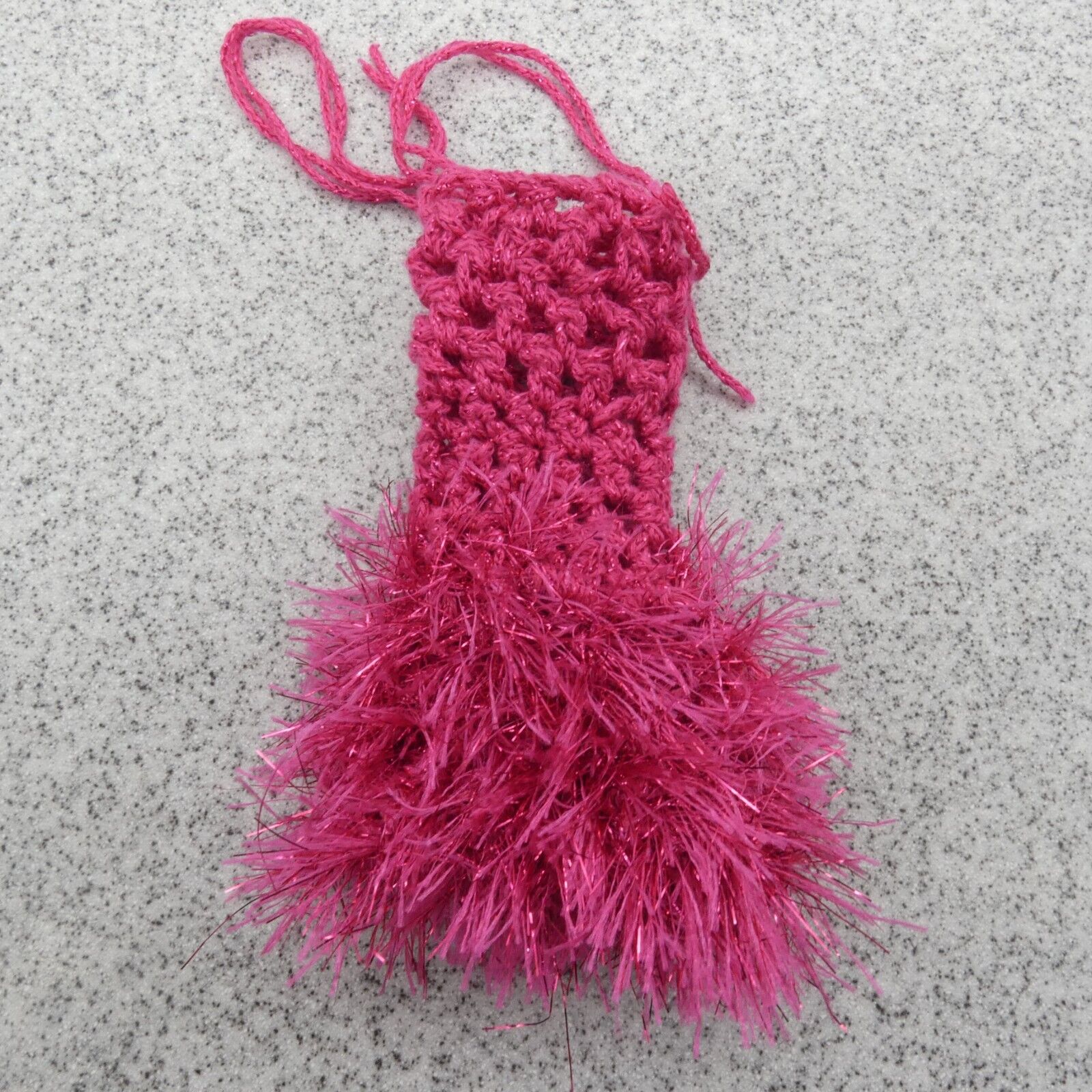 Barbie Doll Size Dress Pink Knit Yarn Fringe Sleeveless Halter Cocktail Homemade