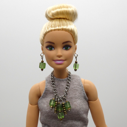 Barbie Doll Size Necklace And Earrings Green Copper Dangle Beads Silver Chain