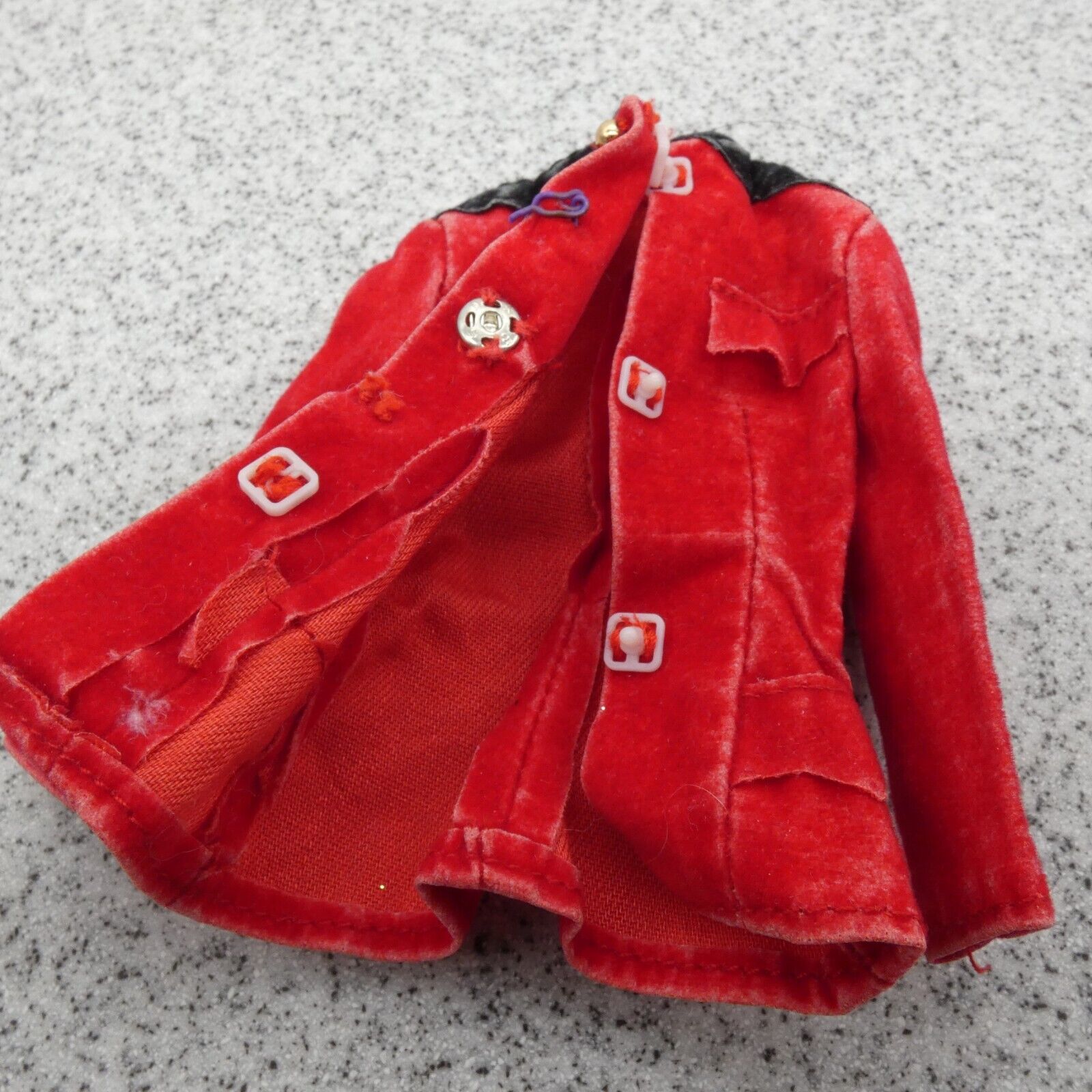 Barbie Doll Size Coat Jacket Red Long Sleeve Felt Crushed Velvet Like Distressed