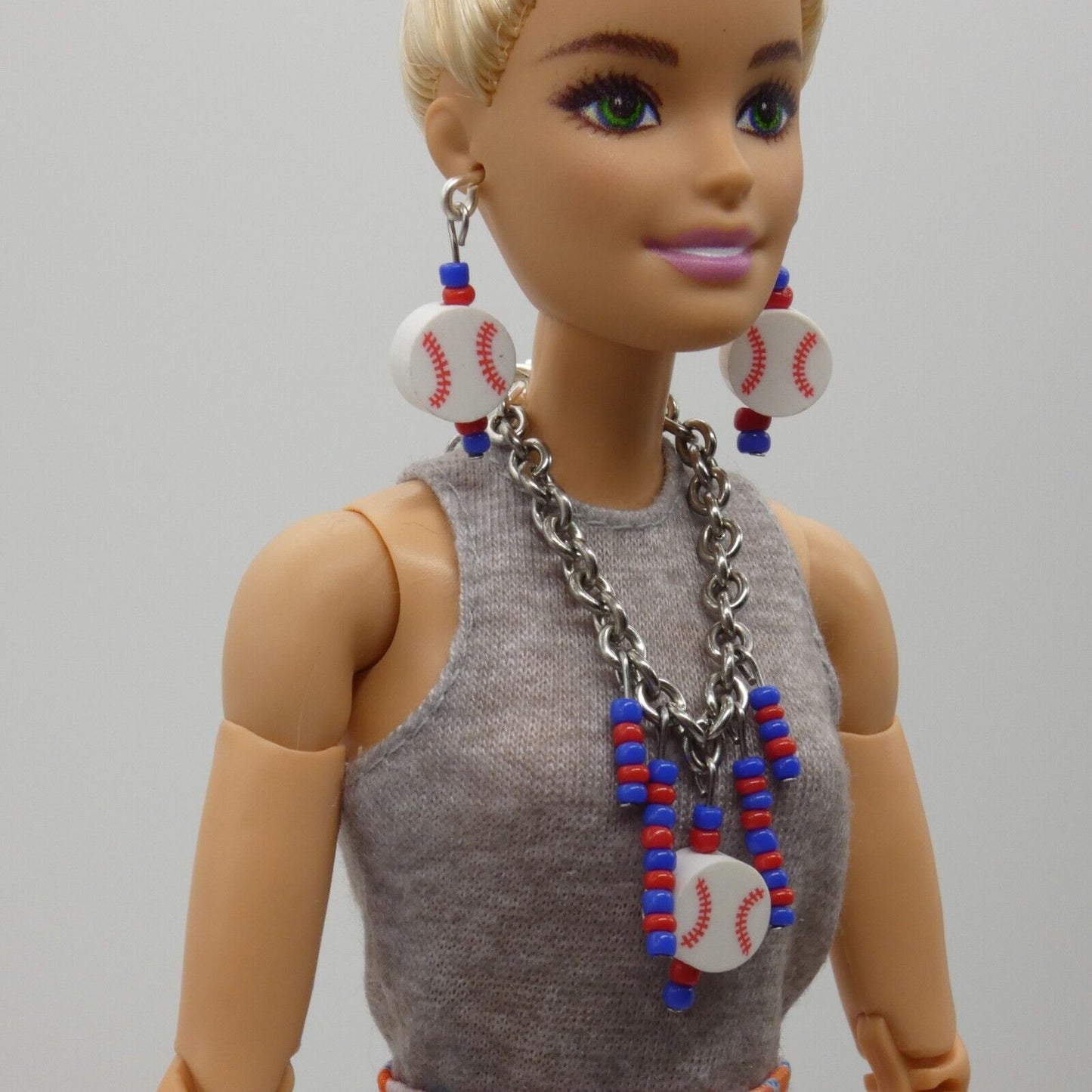 Barbie Doll Size Baseball Earrings And Necklace Blue Red Beads Texas Rangers