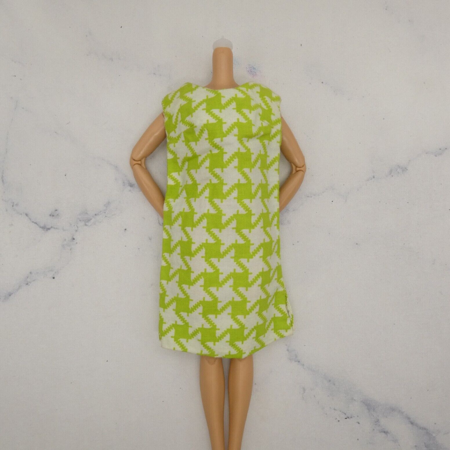 Barbie Doll Size Summer Dress Green White Houndstooth Sleeveless Homemade