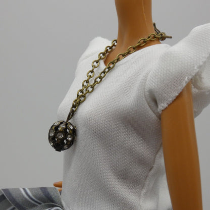 Barbie Doll Size Antique Brass Chain Necklace Rhinestone Globe Pendant