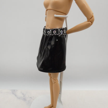 Barbie Doll Size Black Skirt Faux Leather Silver Sequins A Line Mid Thigh Knee