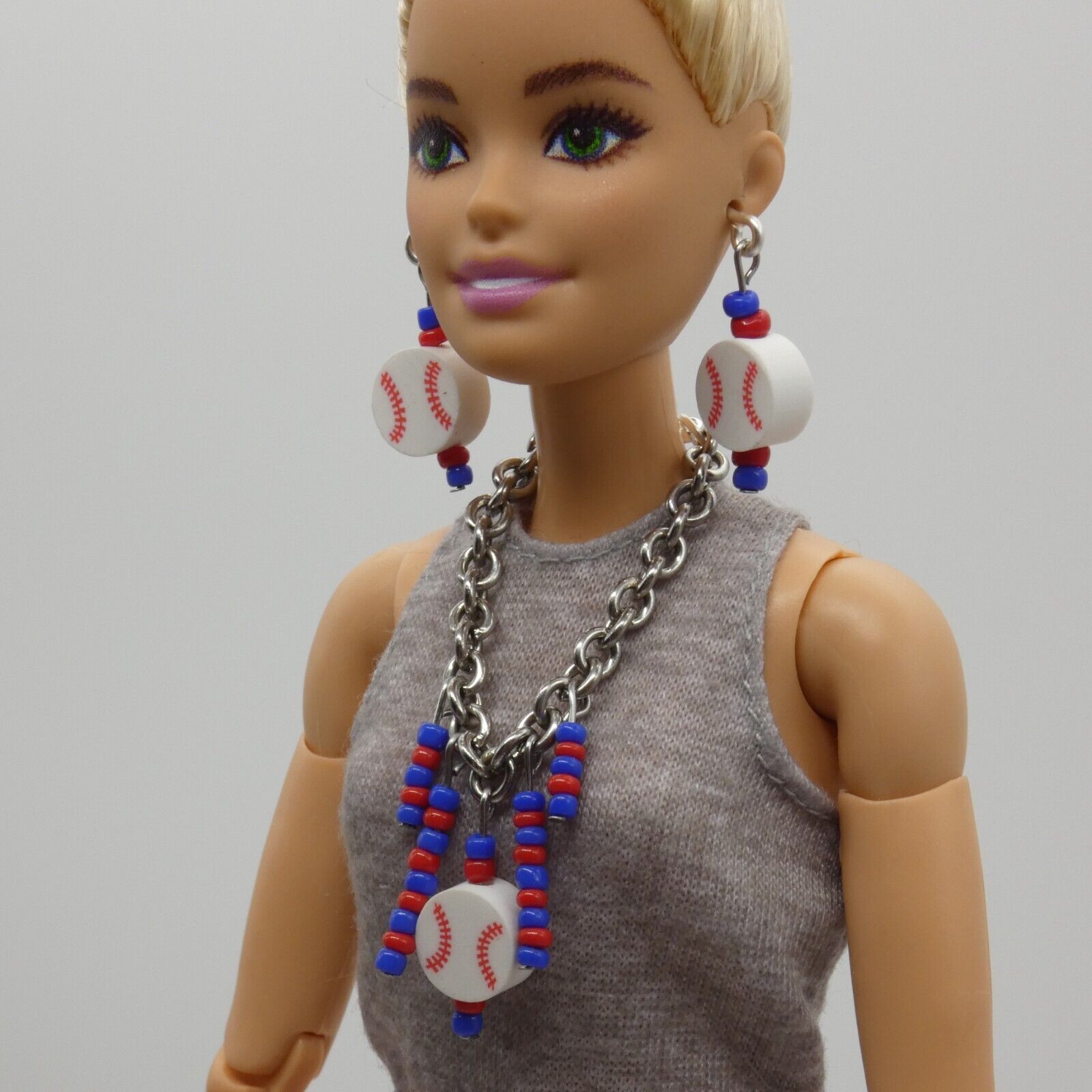 Barbie Doll Size Baseball Earrings And Necklace Blue Red Beads Texas Rangers