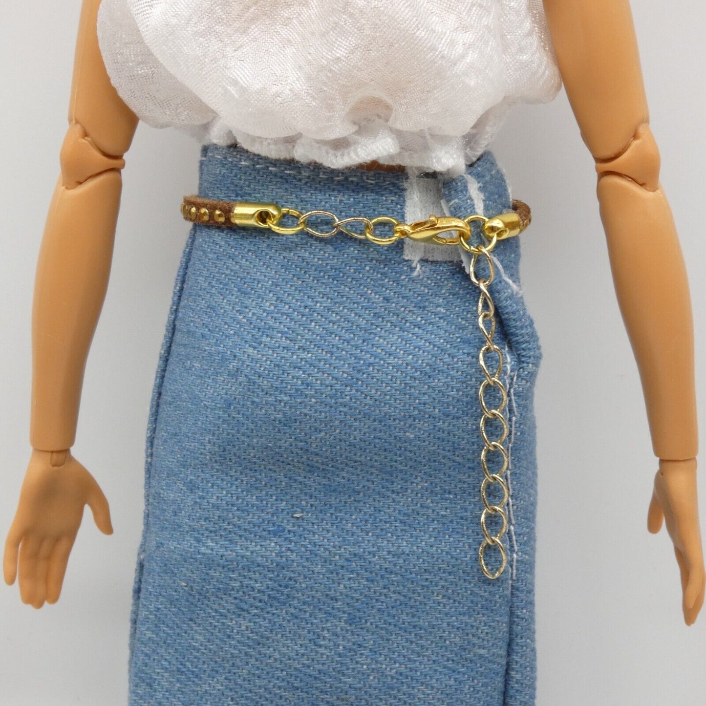 Barbie Doll Size Brown Studded Belt Thin Leather Gold Chain Adjustable Handmade