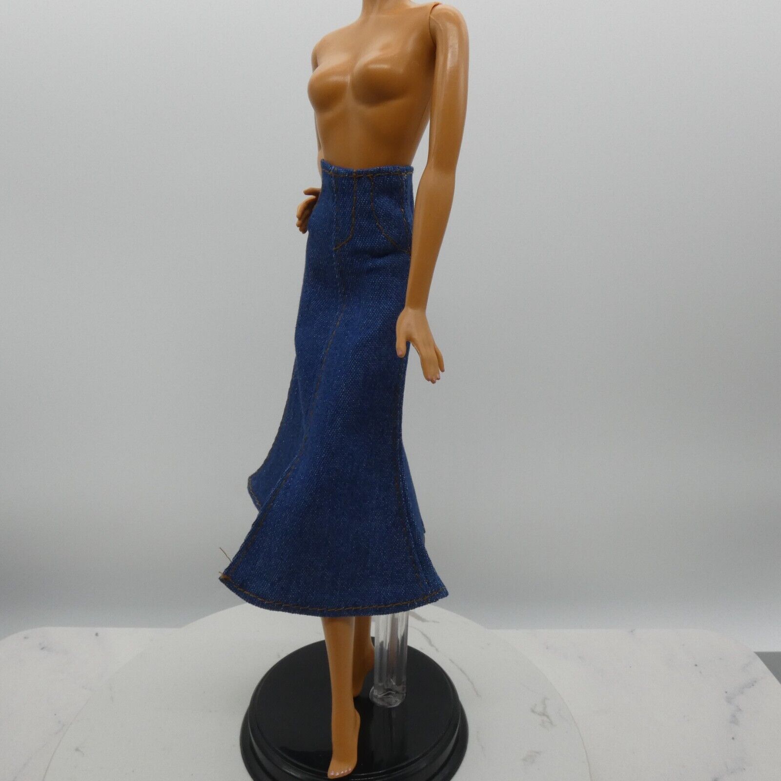 Barbie Doll Size Long Skirt Blue Denim Maxi A Line Ankle Slit Fits Model Muse