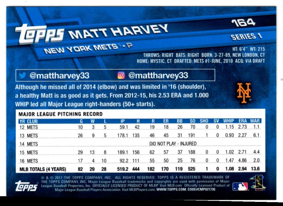 2017 Topps Matt Harvey New York Mets #164