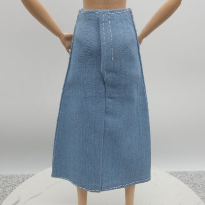 Barbie Doll Size Long Skirt Light Blue Denim Maxi A Line Ankle Front Slit