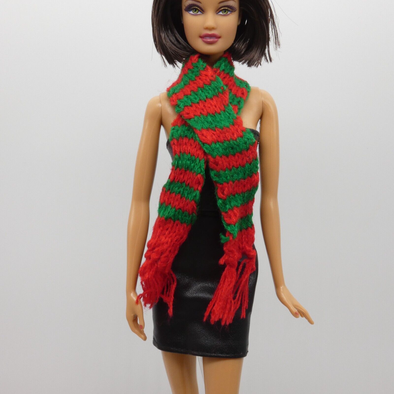 Scarf For Integrity Toys Barbie Size Doll Red Green Stripe Fringe Knitted FR