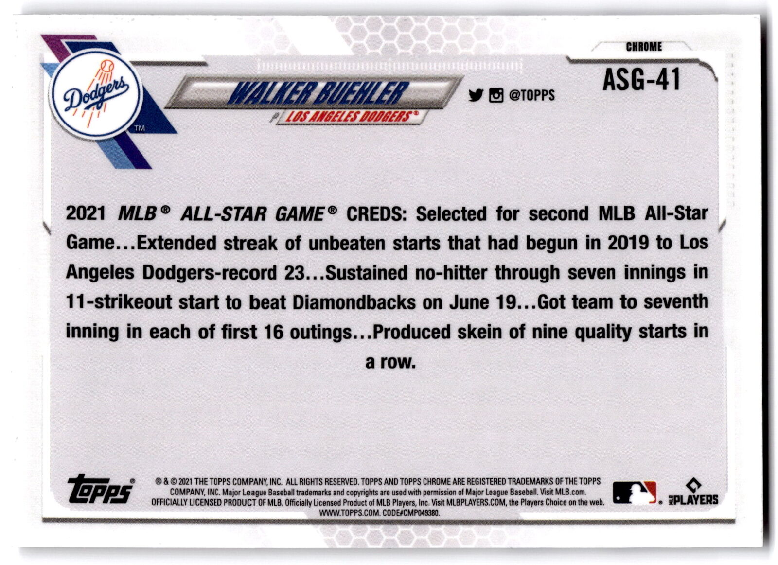 2021 Topps Chrome Update #ASG-41 Walker Buehler 2021 MLB All-Stars NRMT