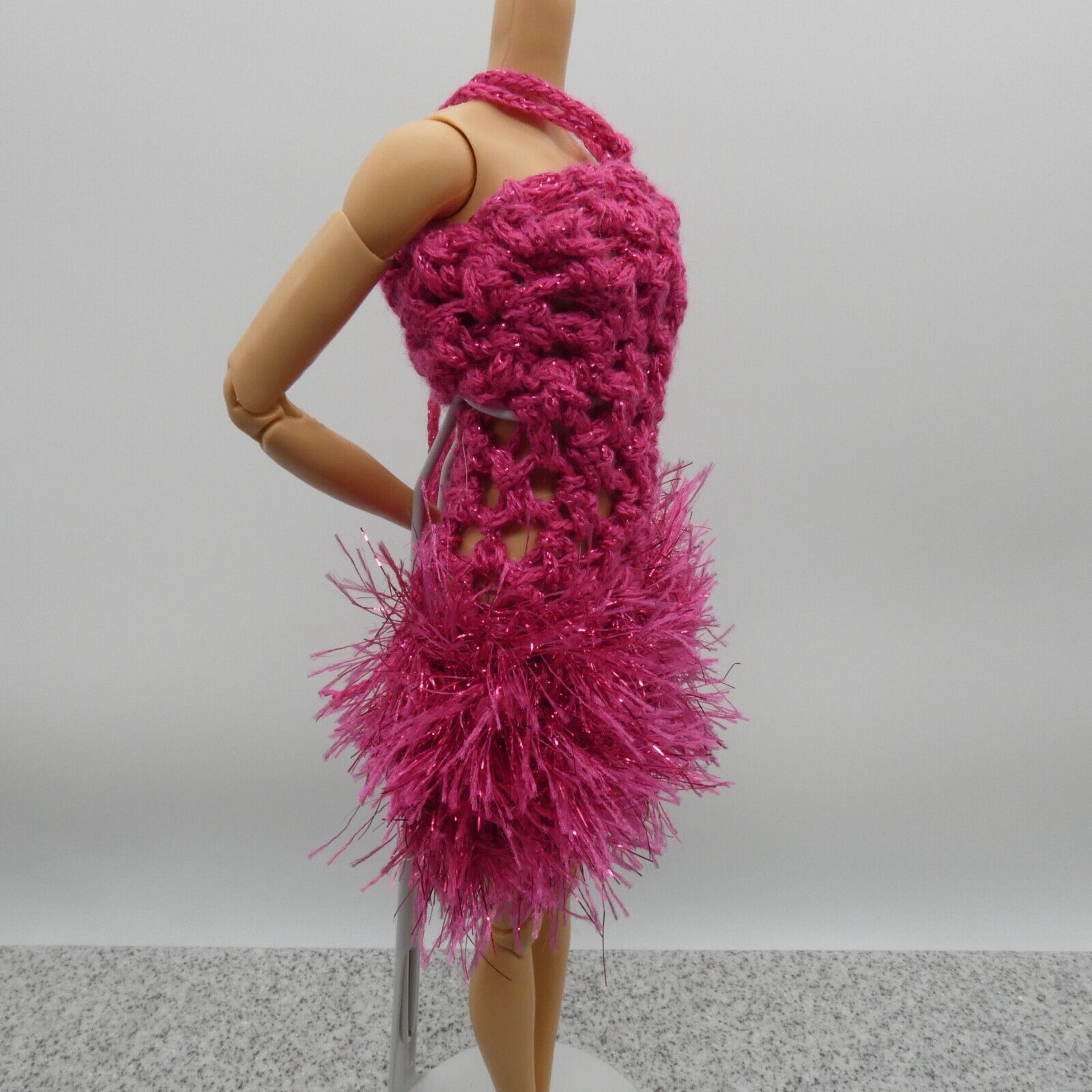 Barbie Doll Size Dress Pink Knit Yarn Fringe Sleeveless Halter Cocktail Homemade