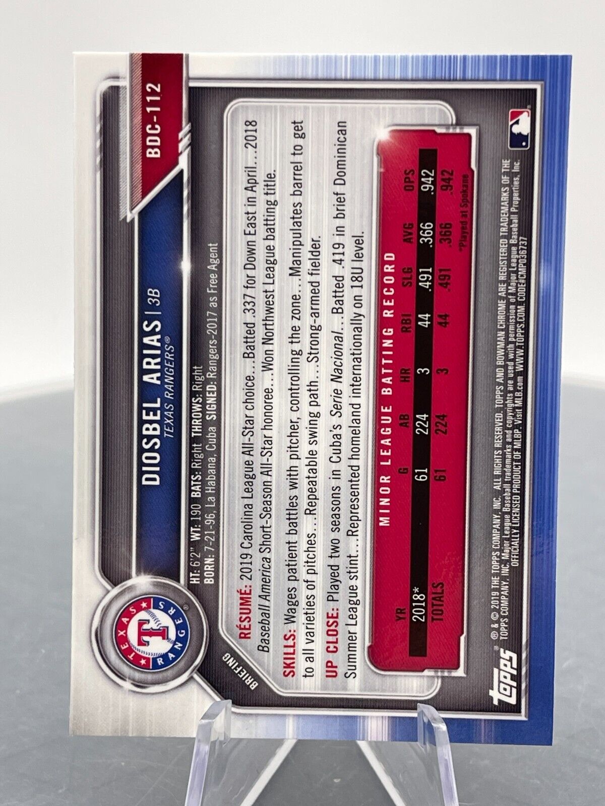 2019 Bowman Draft Chrome BDC-112 Diosbel Arias Texas Rangers Third Base Topps