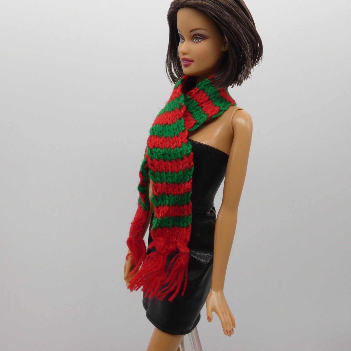 Scarf For Integrity Toys Barbie Size Doll Red Green Stripe Fringe Knitted FR