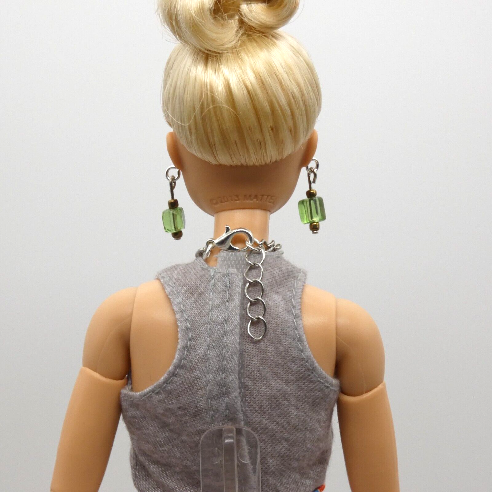 Barbie Doll Size Necklace And Earrings Green Copper Dangle Beads Silver Chain