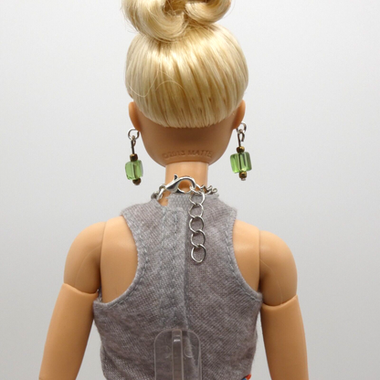 Barbie Doll Size Necklace And Earrings Green Copper Dangle Beads Silver Chain