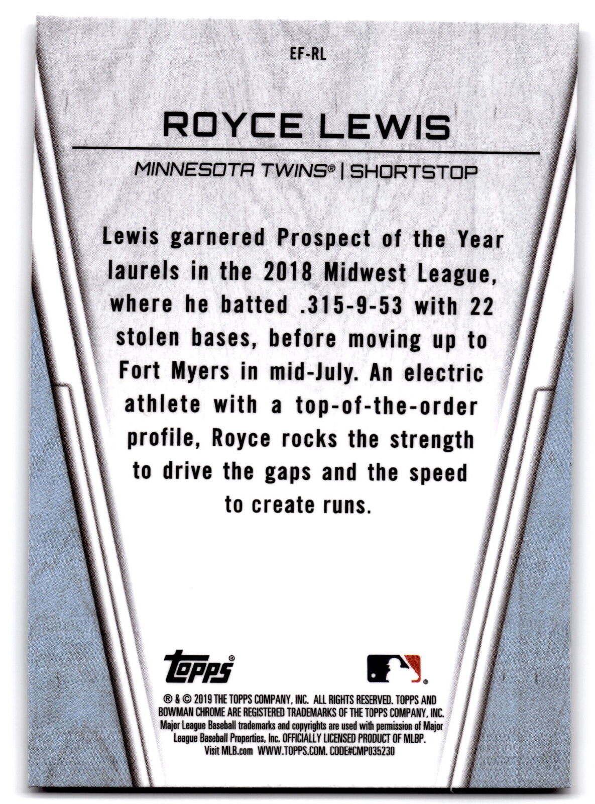 2019 Bowman Chrome #EF-RL Royce Lewis Elite Farmhands NRMT