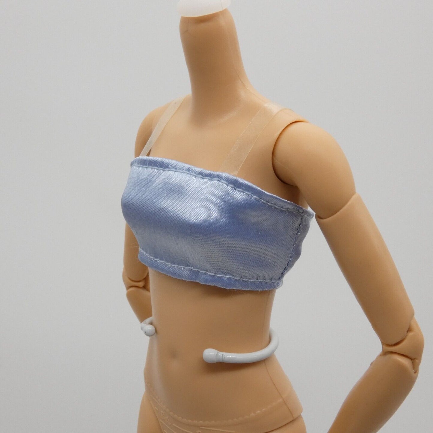 Barbie Doll Size Crop Top Sleeveless Clear Straps Blue Satin Like Midriff