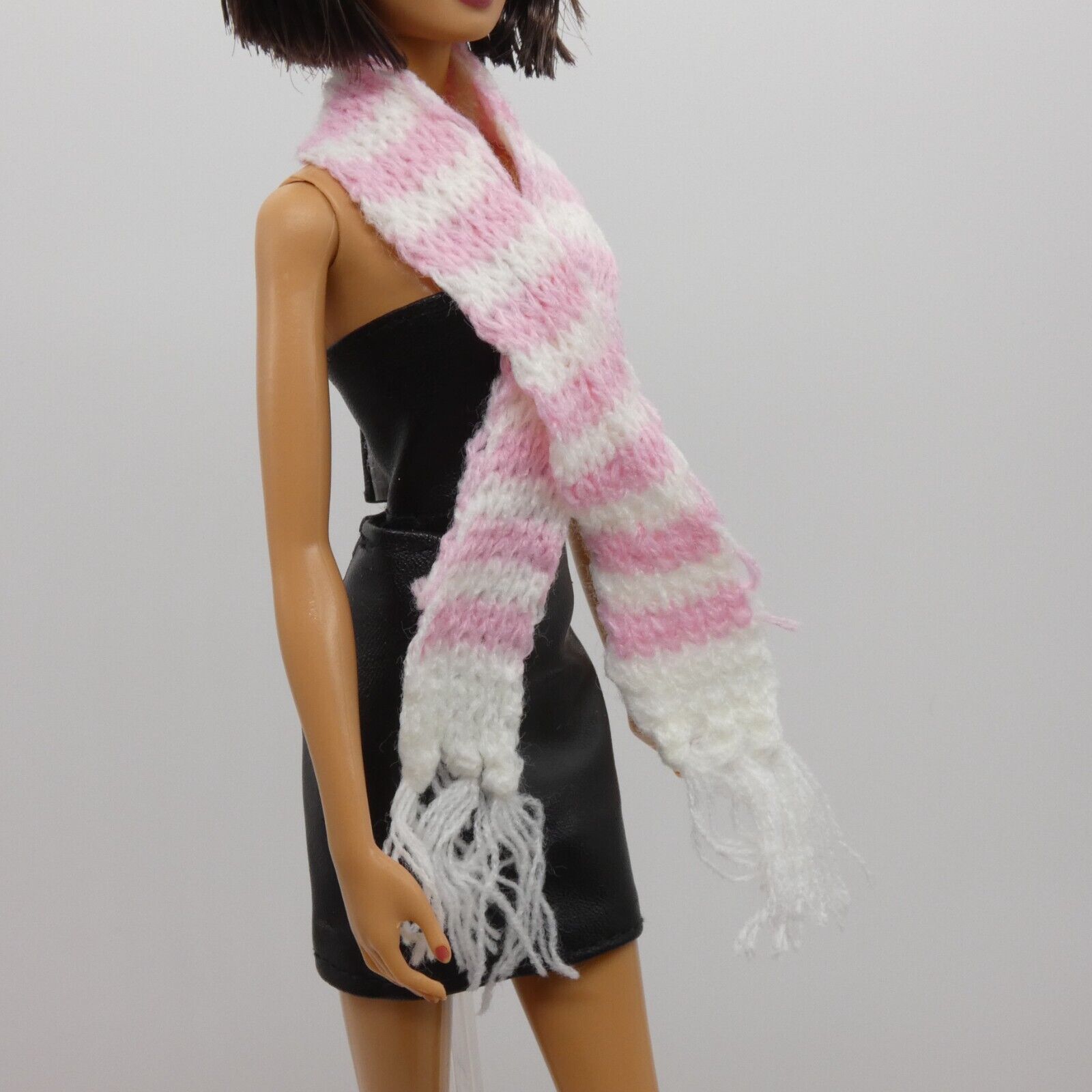 Scarf For Integrity Toys Barbie Size Doll Pink White Stripe Fringe Knitted FR