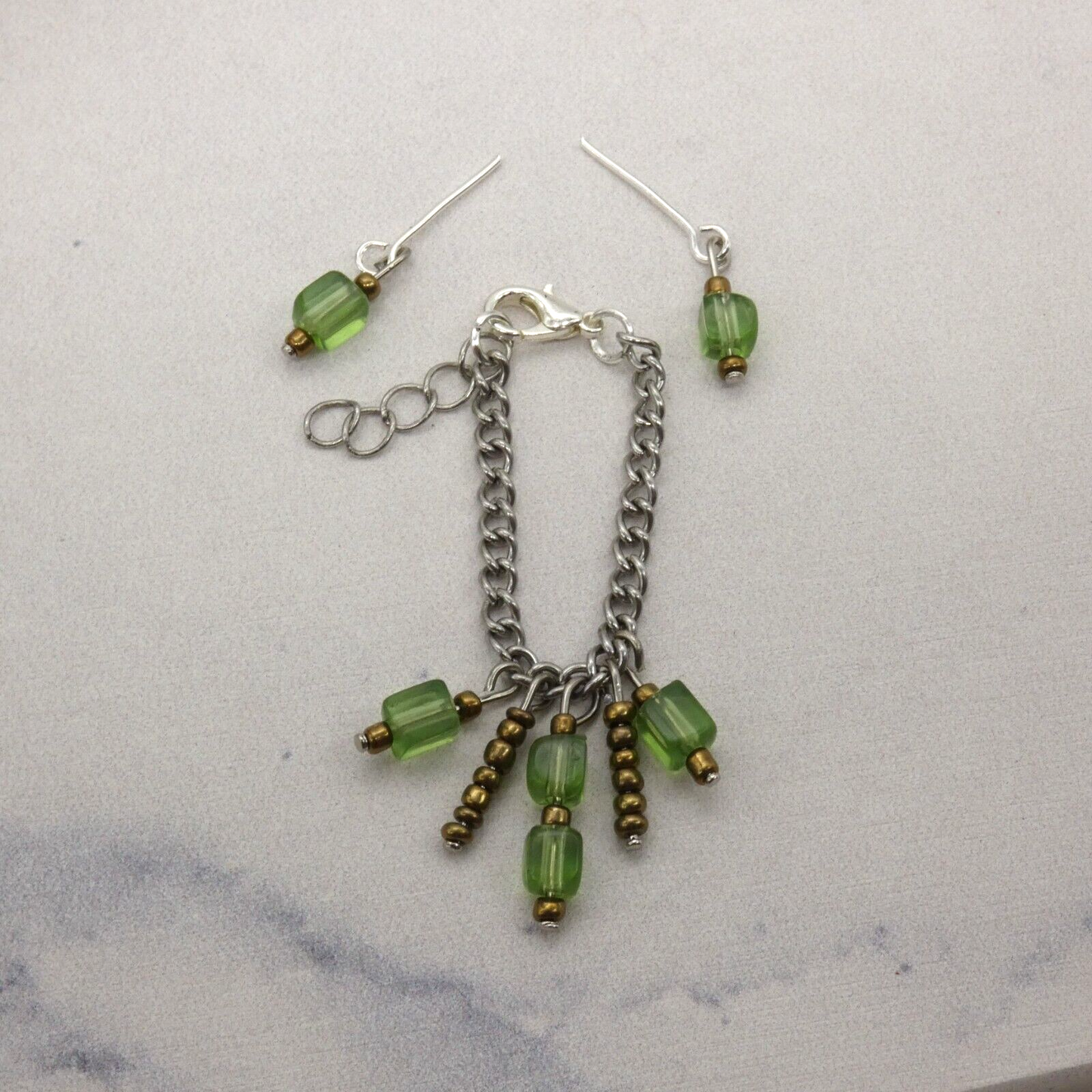 Barbie Doll Size Necklace And Earrings Green Copper Dangle Beads Silver Chain