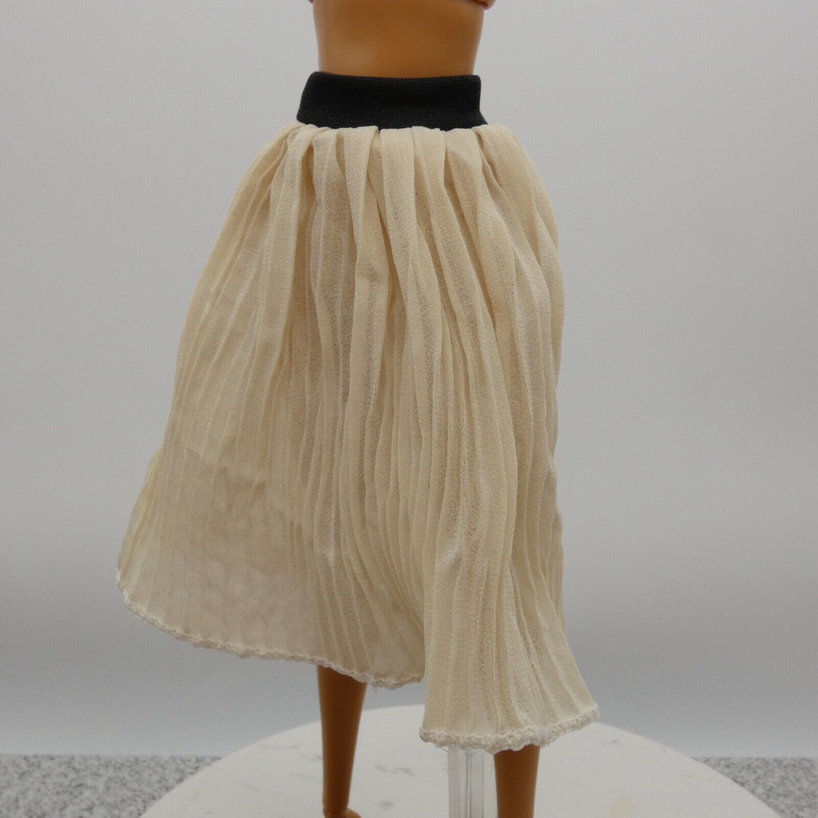 Barbie Doll Size Off White Pleated Skirt Black Waist Band Bellow The Knee