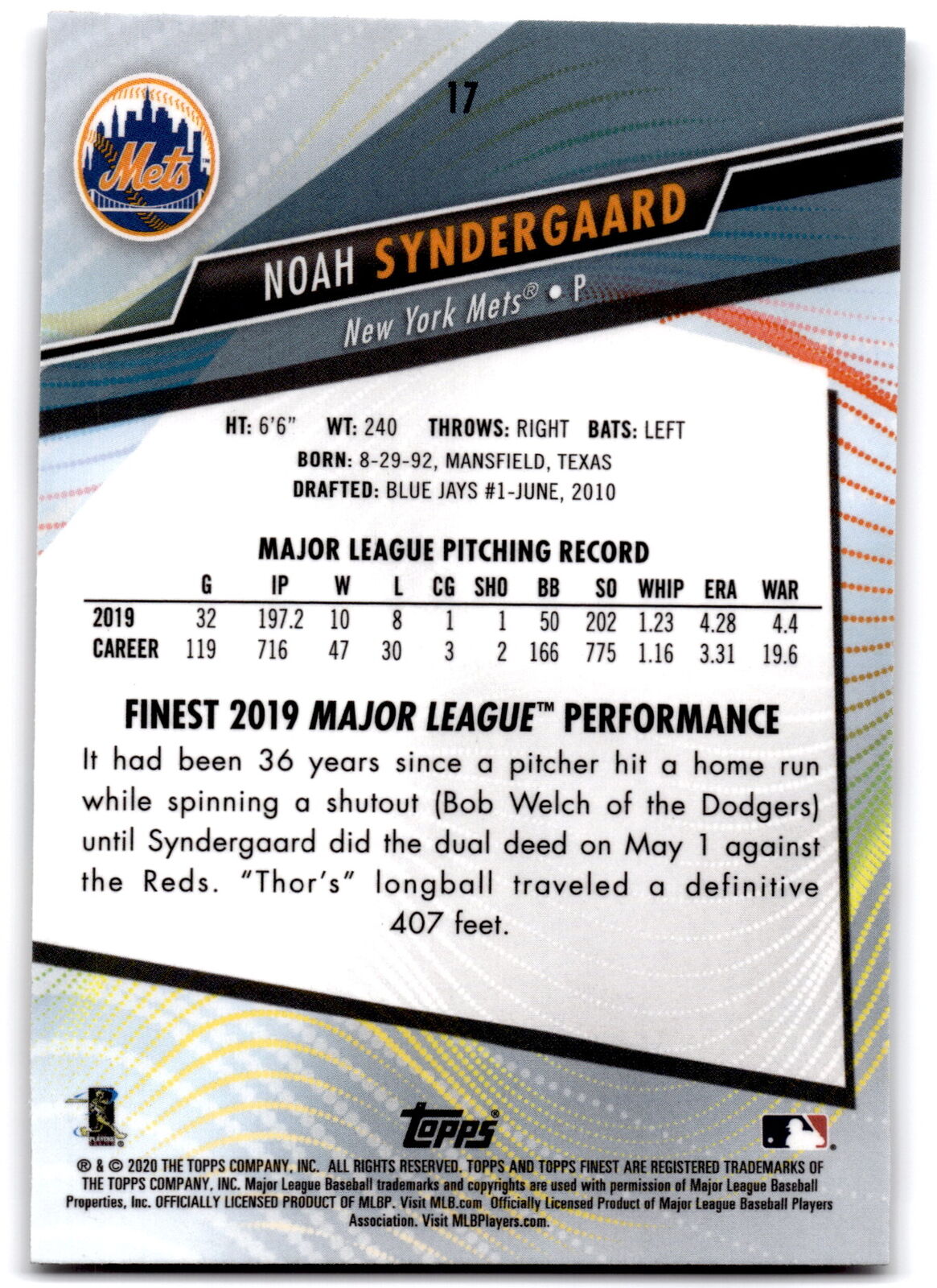 2020 Topps Finest #17 Noah Syndergaard NRMT