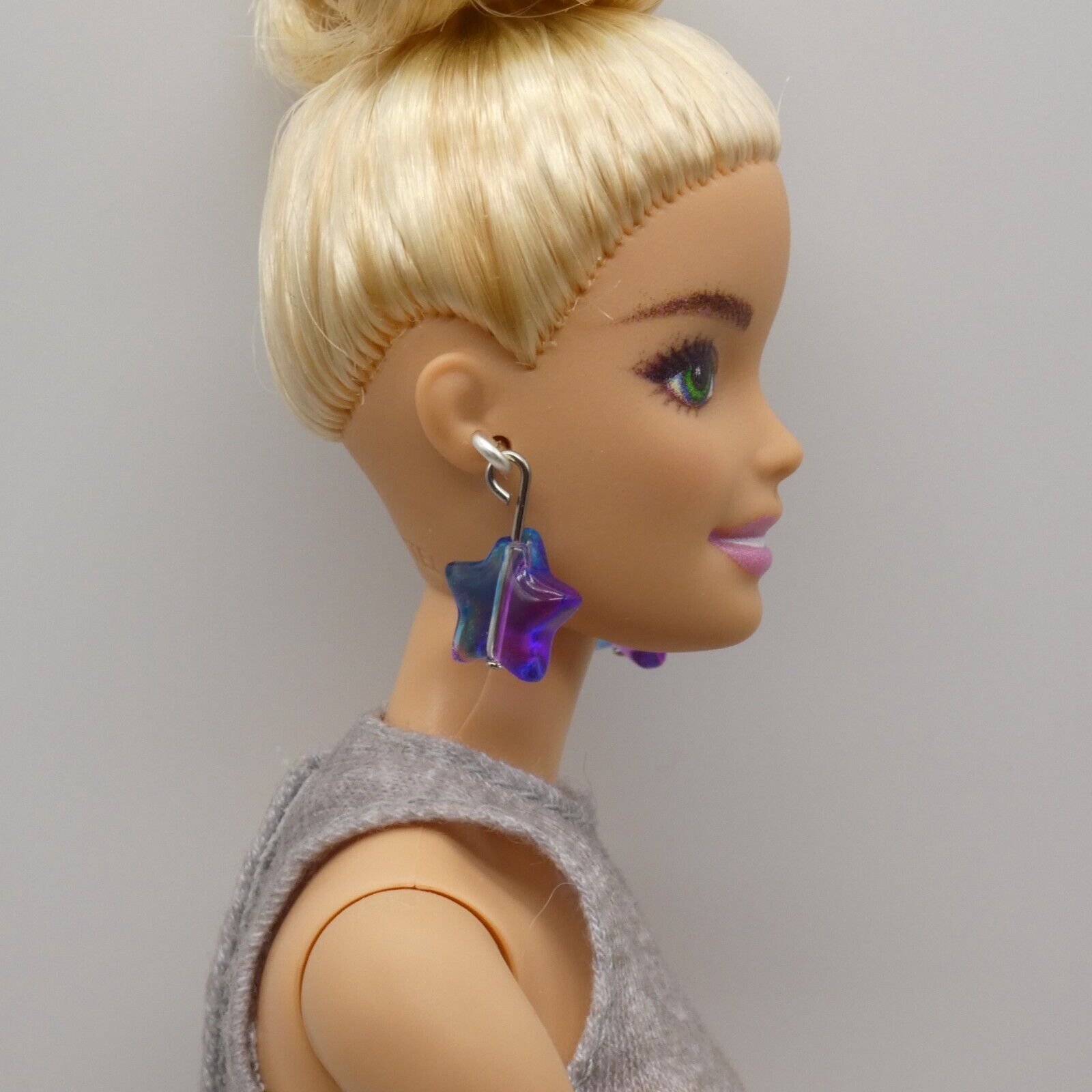 Barbie Doll Size Dangle Earrings Blue Aurora Borealis Stars Silver OOAK Handmade