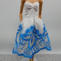 Barbie Doll Size Dress White Blue Accent Strapless Sleeveless Sweetheart Bodice