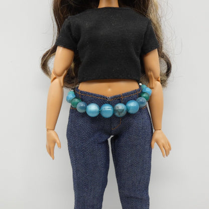 Barbie Doll Size Belt Blue Turquoise Teal Beaded Fits Curvy Adjustable Handmade