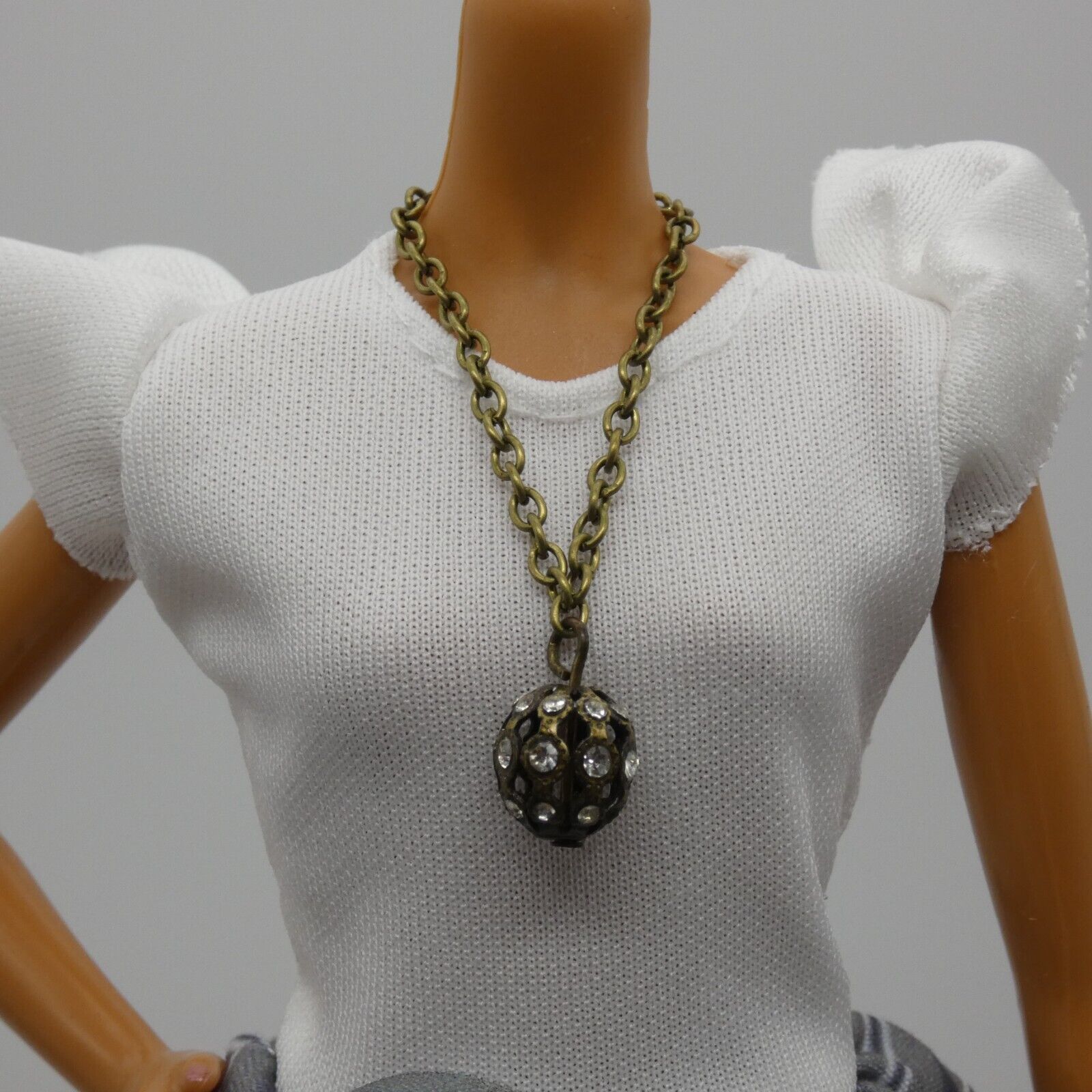 Barbie Doll Size Antique Brass Chain Necklace Rhinestone Globe Pendant