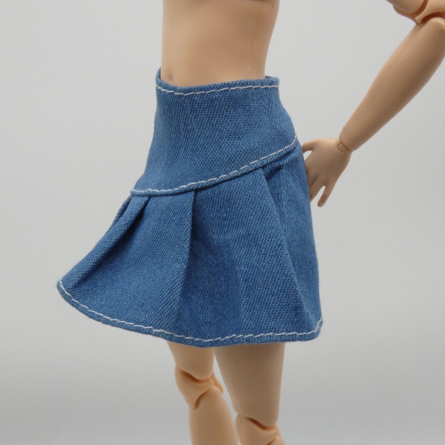 Barbie Doll Size Skirt Blue Denim Jean Pleated Mid Thigh Length A Line