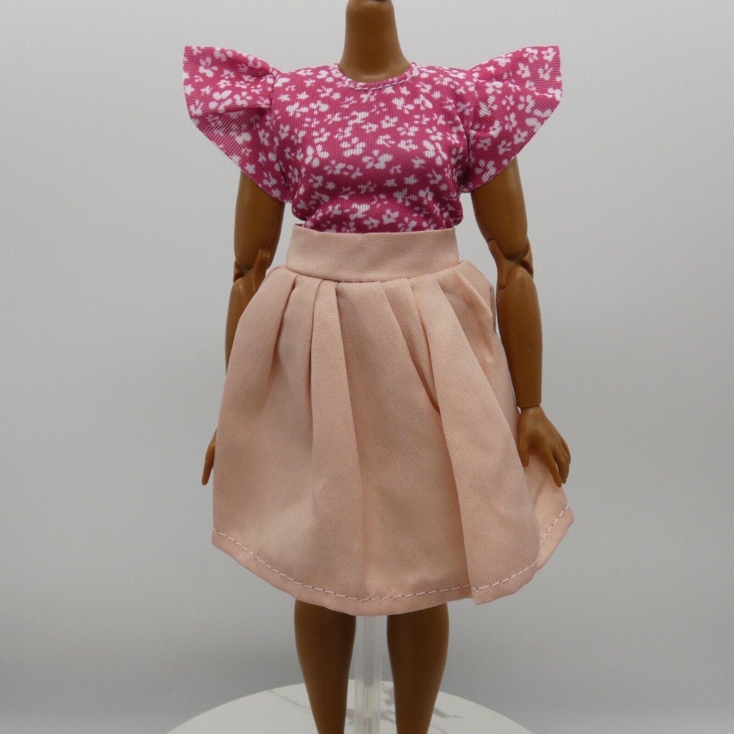 Barbie Doll Size Fashion Dress Pink Floral Top Skirt Fits Model Muse MTM Curvy