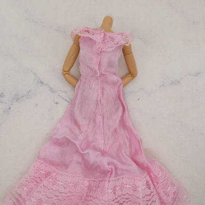 Barbie Doll Size Dress Pink Satiny Lacy Sleeveless Full Length Maxi Gown