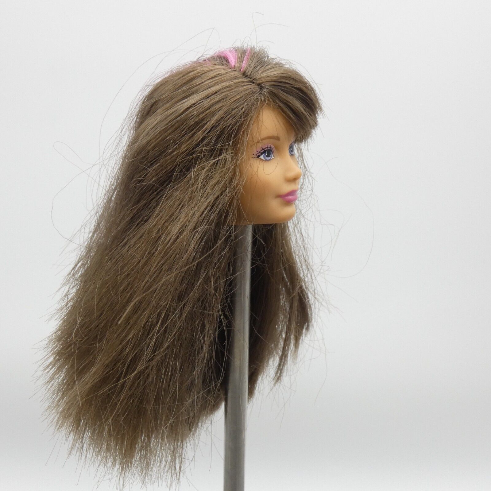 Barbie Skipper Doll Head Brown Hair Pink Highlight Bangs Purple Eyes