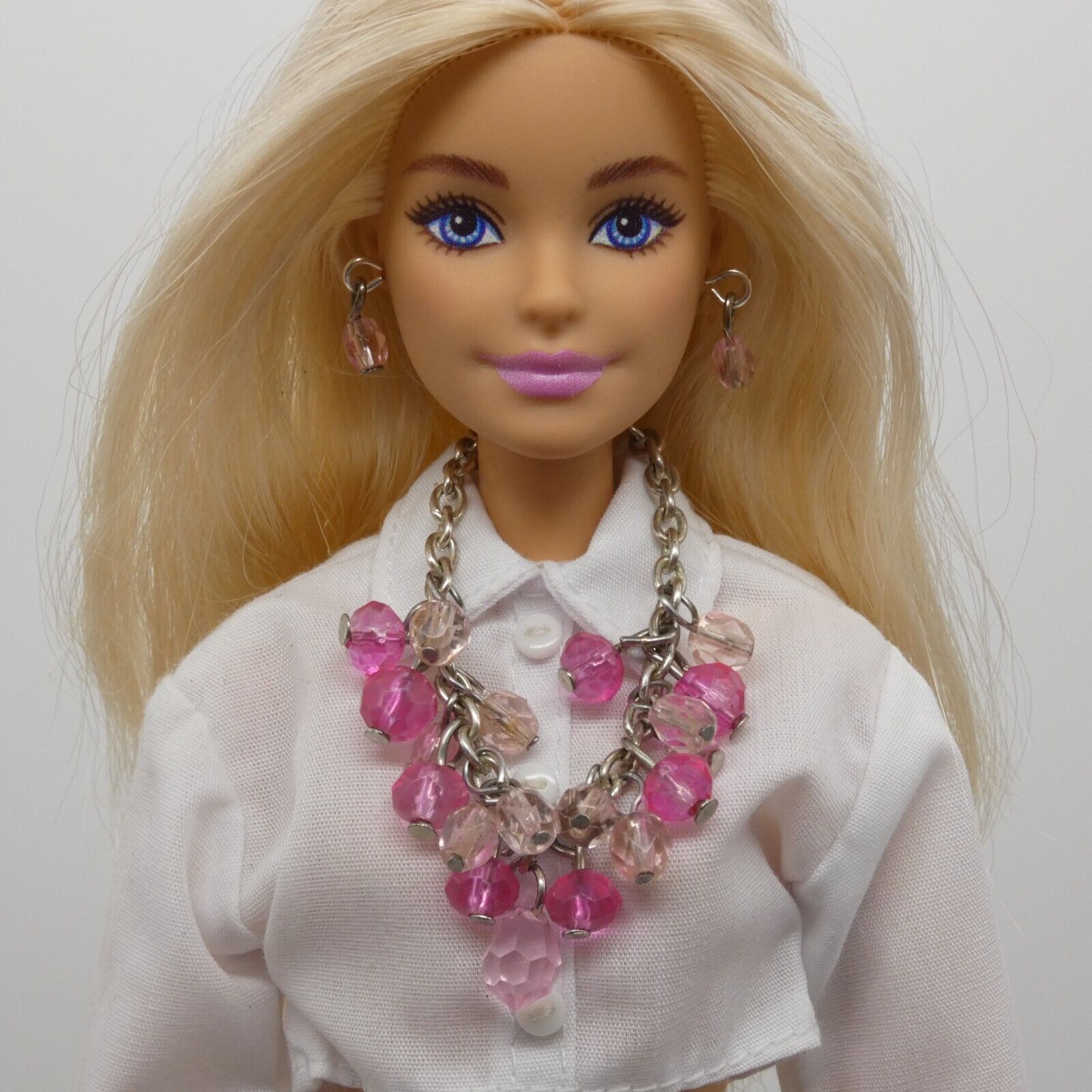 Barbie Doll Size Necklace Earrings Pink Faceted Dangle Beads Silver Chain OOAK