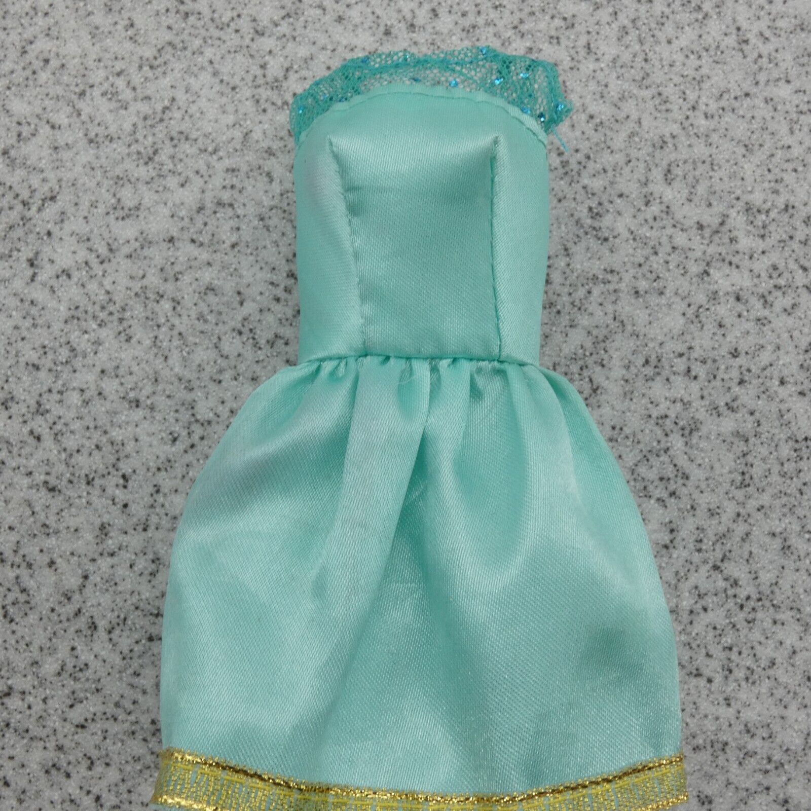 Barbie Doll Size Mini Dress Aqua Green Tulle Tank Sleeveless Gold Trim Clone