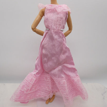 Barbie Doll Size Dress Pink Satiny Lacy Sleeveless Full Length Maxi Gown