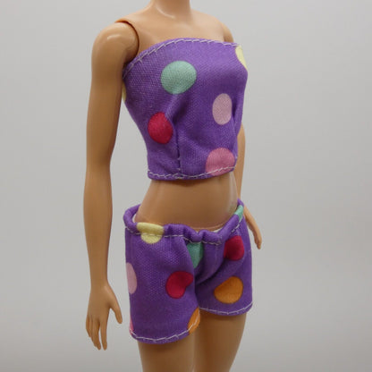 Barbie Doll Size Purple Polka Dot Two Piece Swimsuit Pajamas Top Shorts Clone