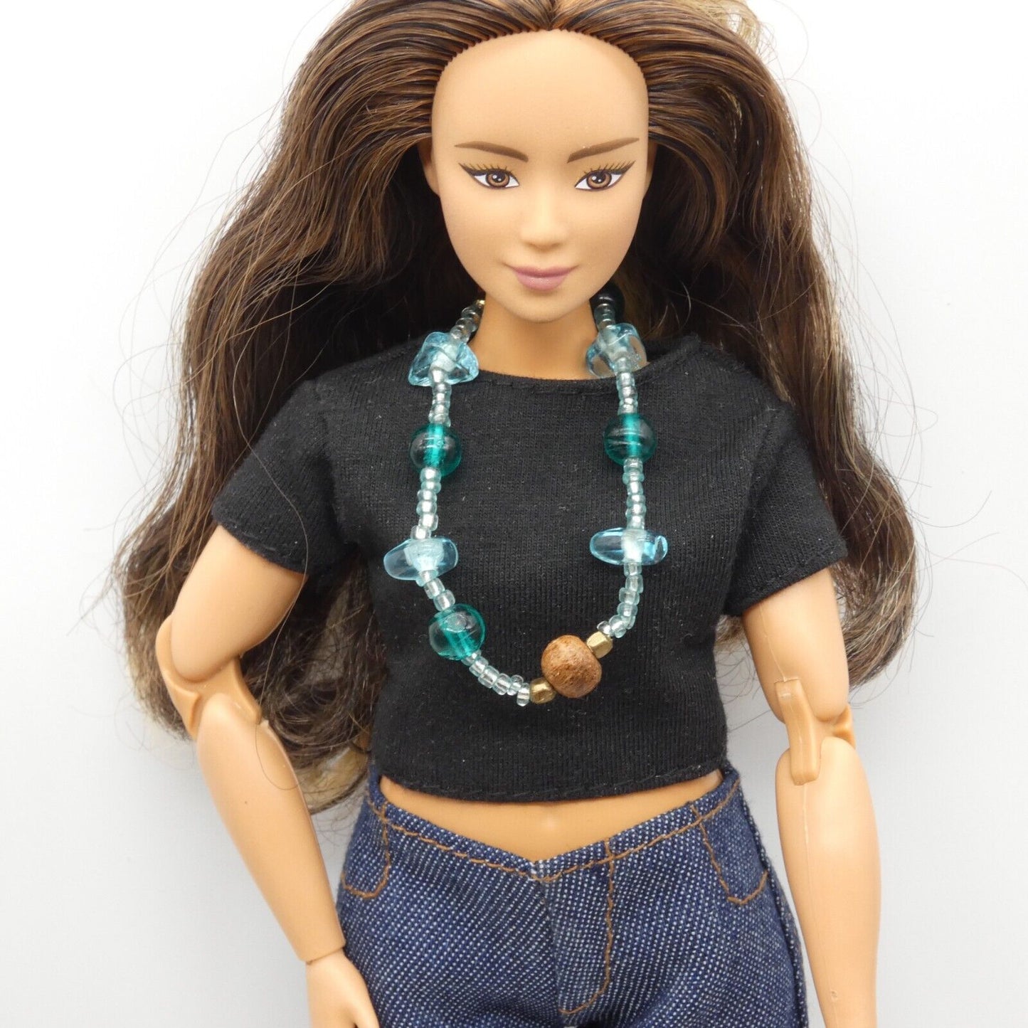 Barbie Doll Size Blue Teal Turquoise Long Beaded Necklace Wood Beads Fashion