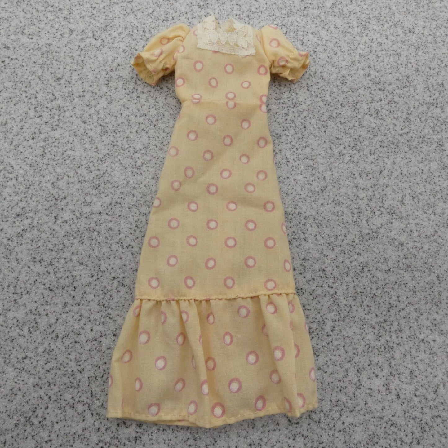 Barbie Doll Size Dress Beige White Pink Dots Prairie Style Short Sleeve Lace