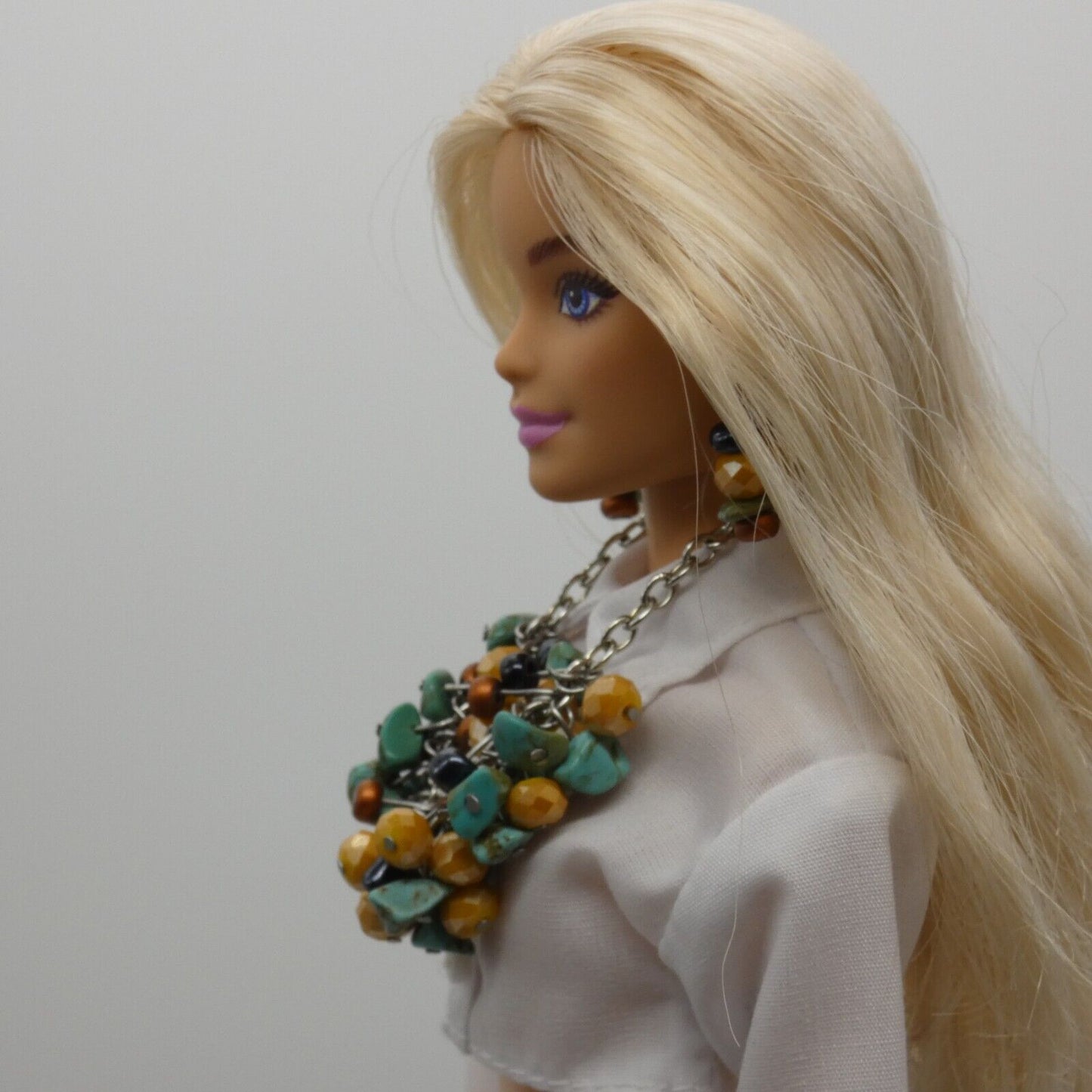 Barbie Doll Size Necklace Earrings Turquoise Yellow Dangle Beads Silver Chain