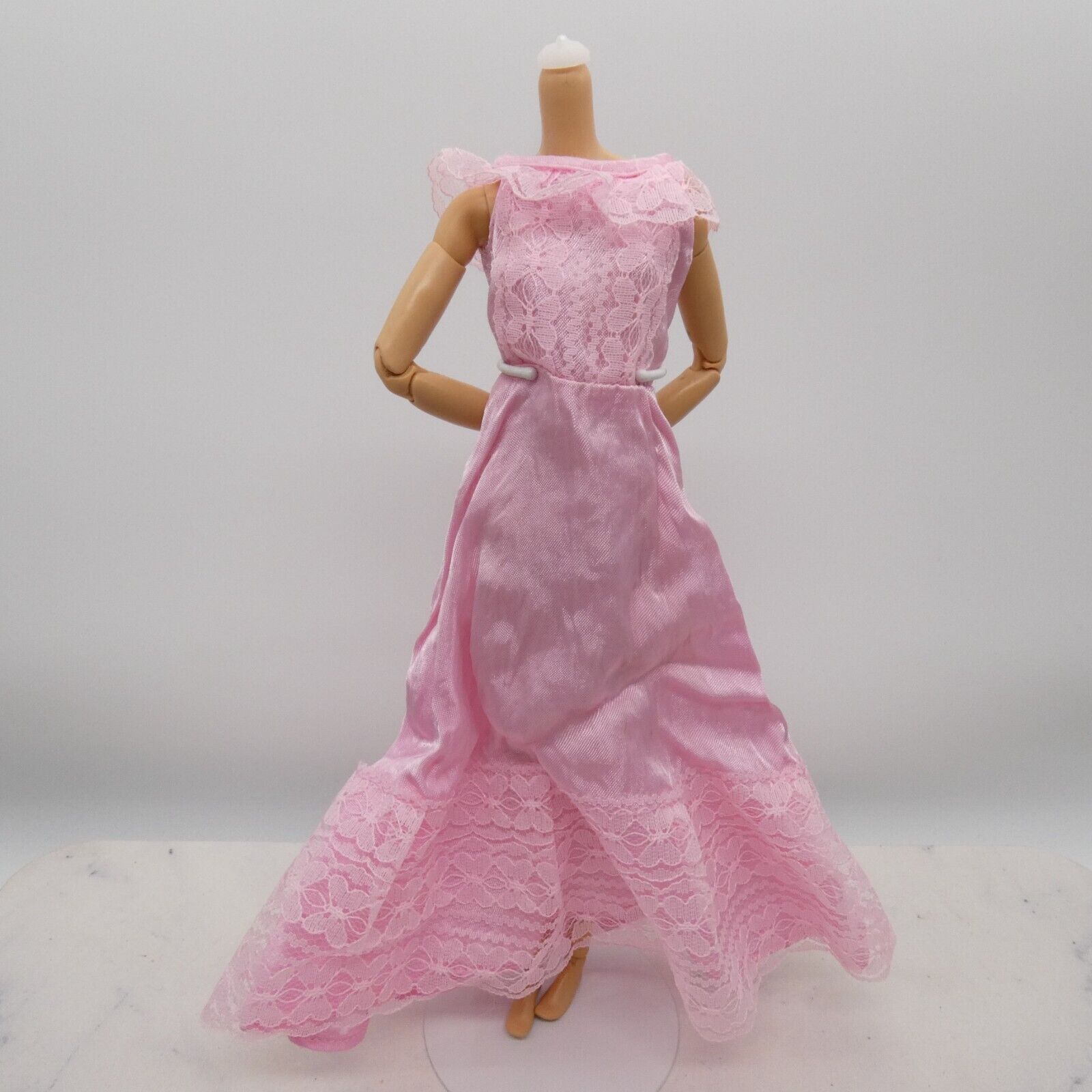 Barbie Doll Size Dress Pink Satiny Lacy Sleeveless Full Length Maxi Gown